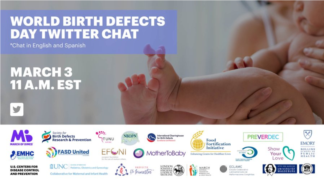 Mother to Baby Flyer, World Birth Defects Day Twitter Chat<br />
with partner logos