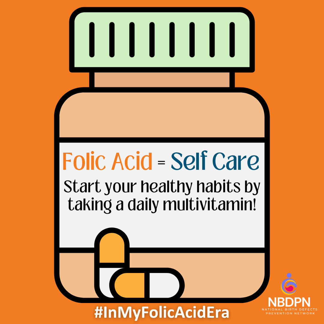 A folic acid bottle with a message about self care