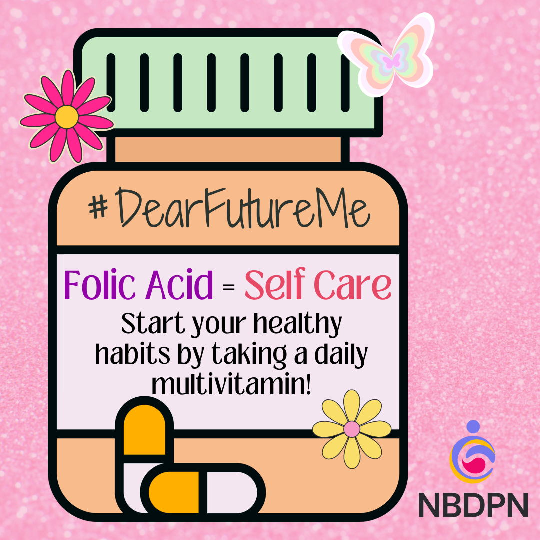 A folic acid bottle with a message about self care